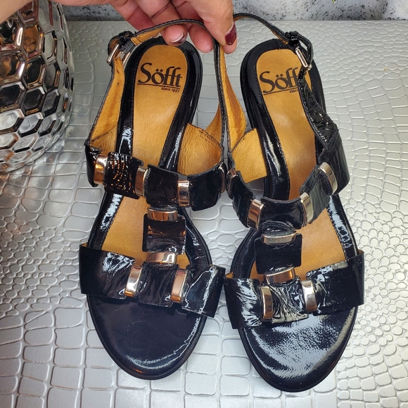 Sofft Black Patent Wedge Heel Sandals Leather size 7 - Picture 3 of 9